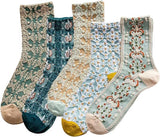 5 pairs of cotton socks for women - retro floral pattern - warm socks - lounge socks - autumn and winter socks - socks with 3D relief design