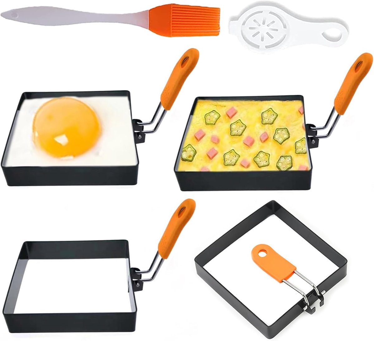 Egg Packaging - Pack of 4 - Egg Packaging - Square Egg Packaging - Non-stick Stainless Steel Square Shape - Square Omelette Mold - With Silicone Insulated Handle - 10x8cm