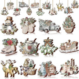 Christmas tree decorations (12 pieces) - Indoor Christmas decorations - Wooden Christmas tree decorations - Snowman - Sleigh - Reindeer set - Christmas decorations - Christmas decorations - Style A