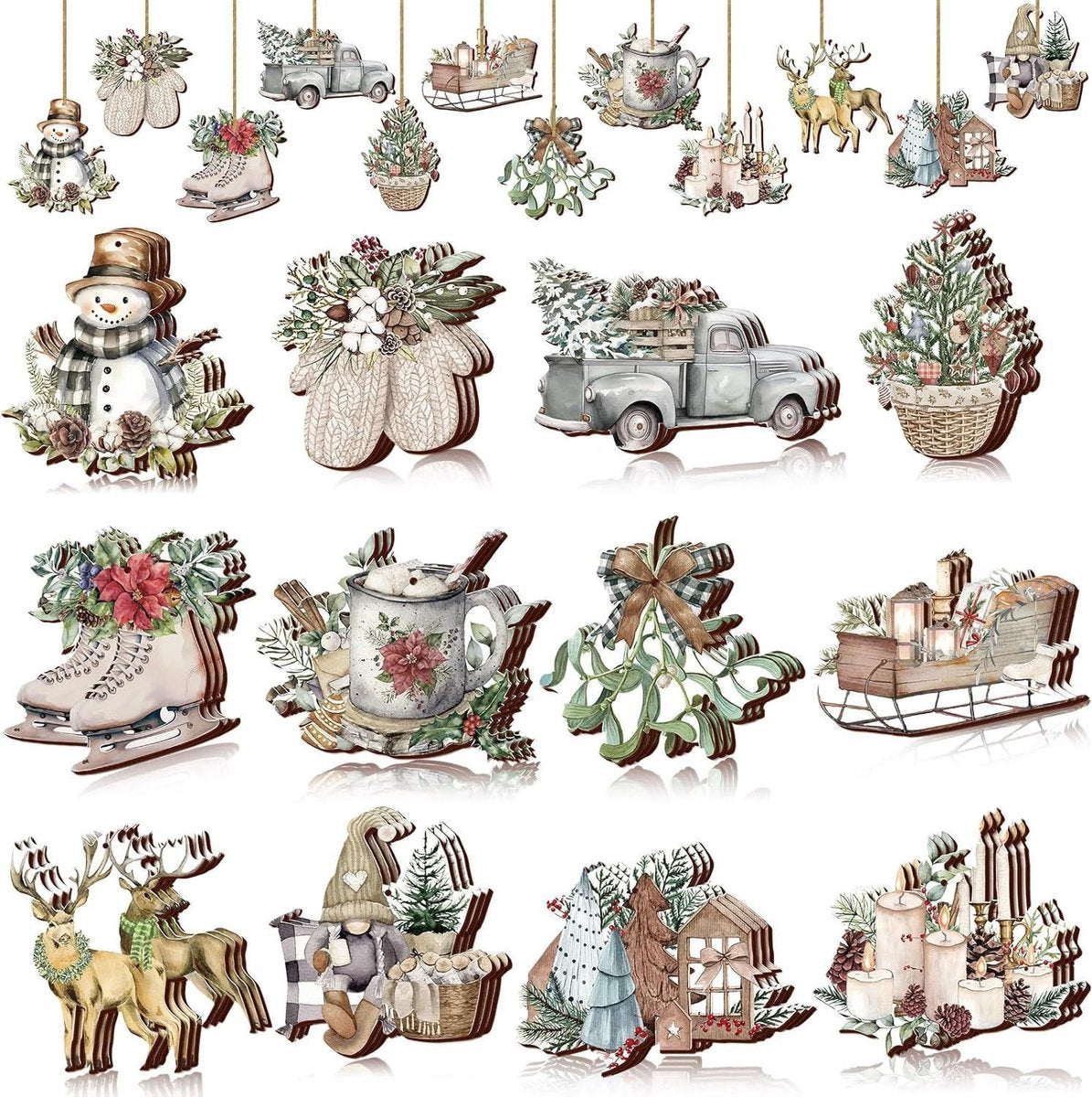 Christmas tree decorations (12 pieces) - Indoor Christmas decorations - Wooden Christmas tree decorations - Snowman - Sleigh - Reindeer set - Christmas decorations - Christmas decorations - Style A