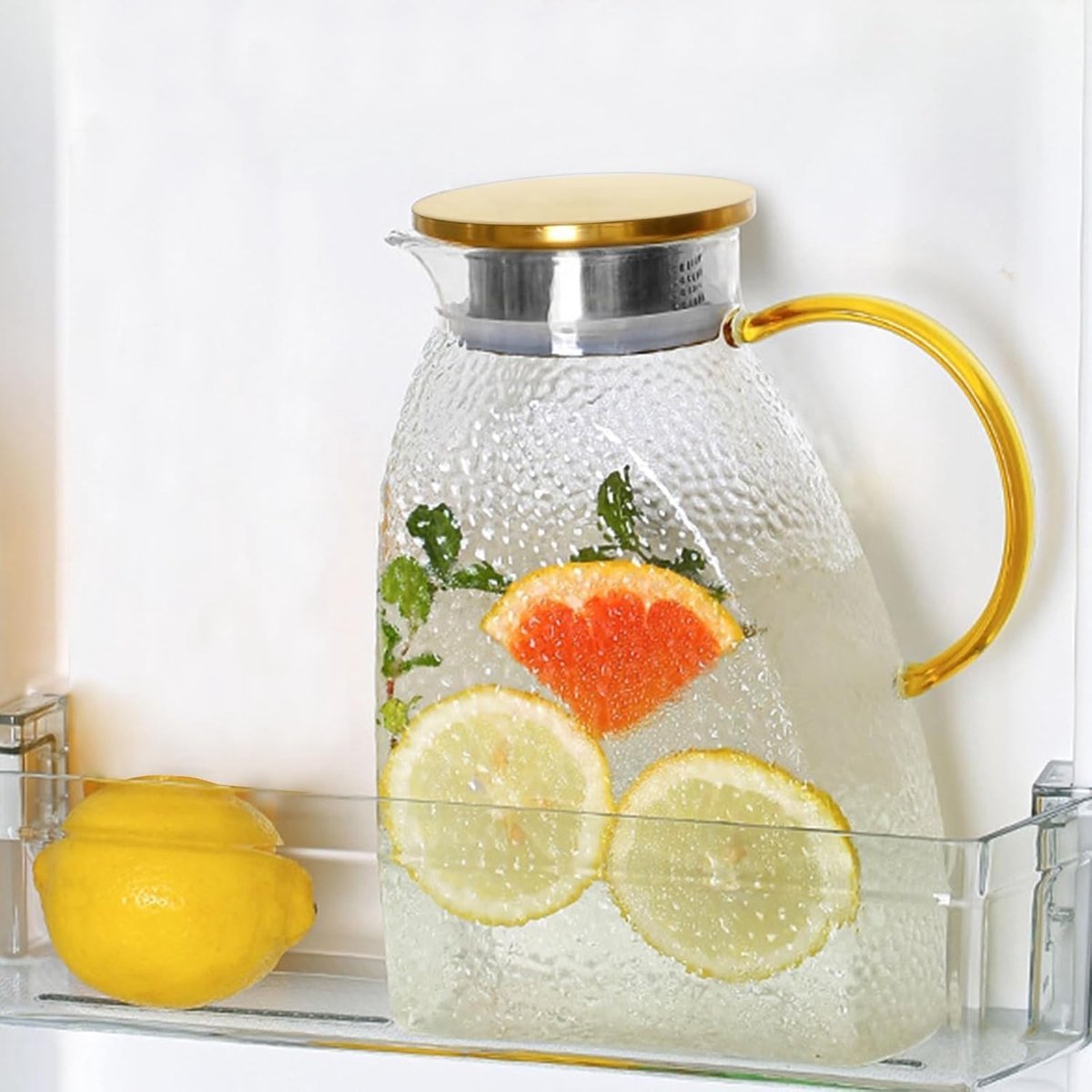 Water Juice - Fridge Door Juice - 1.8L Glass Juice - with Stainless Steel Lid - Juice Juice - For Hot and Cold Drinks - For Homemade Drinks - Juice - Ice - Tea - Coffee - Milk - Wine and Beverages