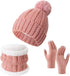 Gloves, hat and scarf - three-piece set - winter knitwear - lined with fleece and thickened - warm and cold resistant - pink