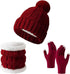 Gloves, hat and scarf - three-piece set - winter knitwear - fleece lined and thickened - warm and cold resistant - Claret