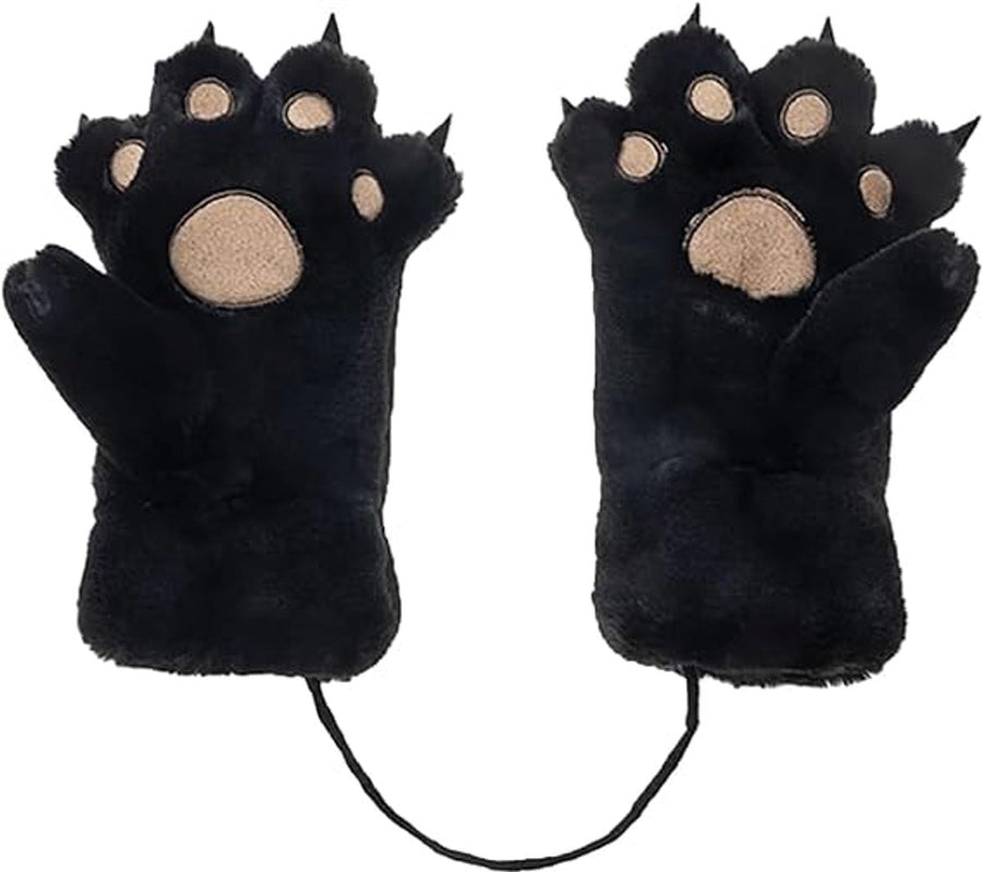 Gloves - 1 pair - Winter gloves - Cartoon gloves - Neckband - Children's gloves - Warm gloves - Plush gloves - One size（Black）