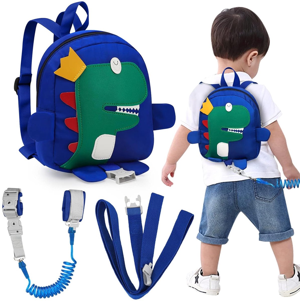 Leash - Dinosaur Backpack + 4-in-1 Leash and Adjustable Safety Wristband (Ideal Gift)