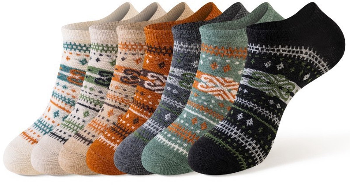 Socks - Fall/Winter Vintage Ethnic Striped Mid-Calf Socks - Breathable - Comfortable - Maillard - Crew Socks (7 Pairs)