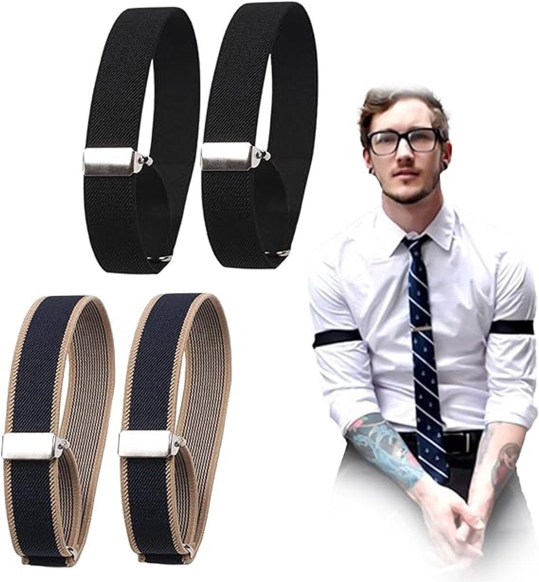 Shirt Bracelet - 2 Pairs of Cuff Rings - Adjustable Cufflinks - Non-slip Cuff Bra - Elastic Cuffs - Cufflinks - Black/Blue - L