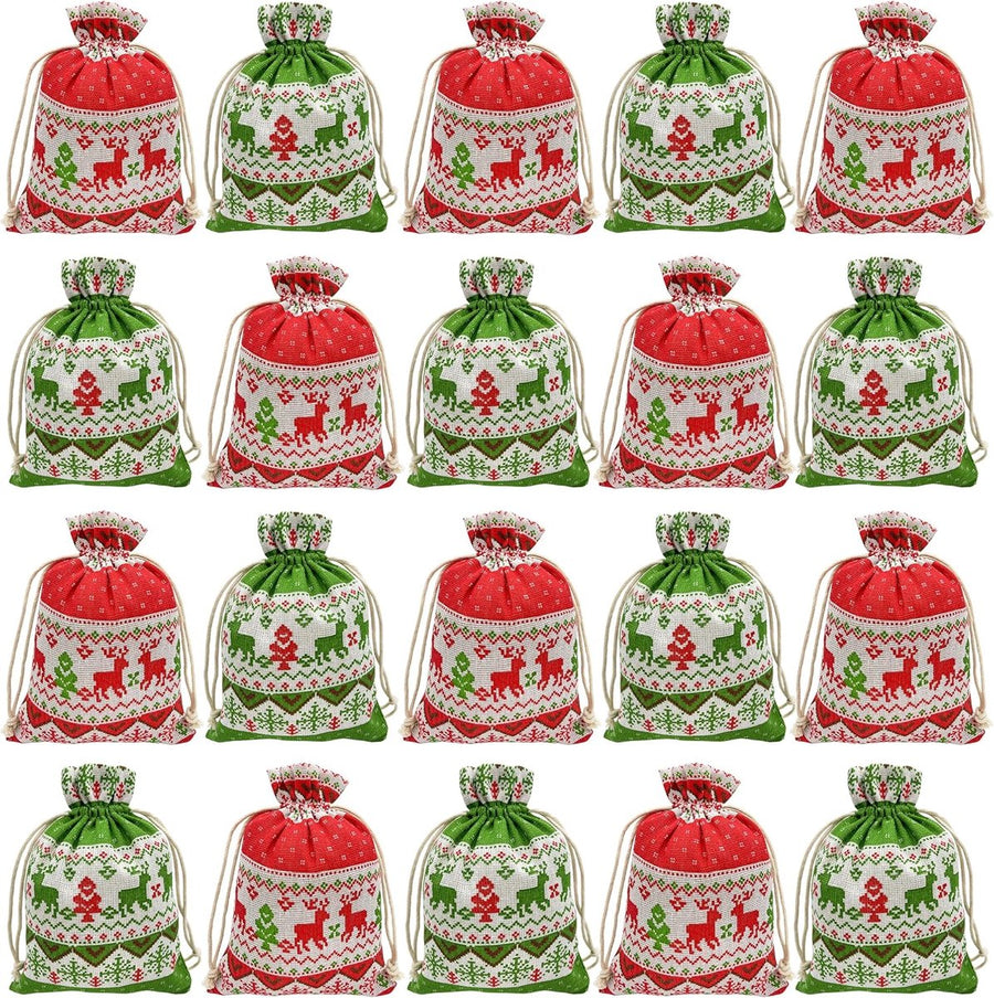 Christmas linen gift bags - 24 pieces - 13x18cm - Christmas decoration for indoors - Reusable - Christmas candy bags with drawstring - Suitable for gift bags for children's parties during the Christmas holidays
