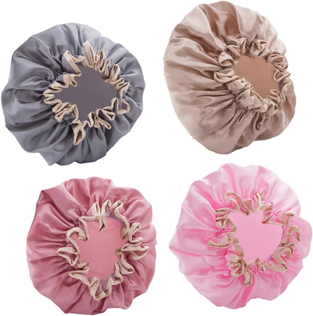 Four-Piece Double Layer Shower Cap Set - Hair Salon - Shower Cap Cover - Kitchen Cap - Pink - Gray - Brown - Light Pink - Women's Essential Bathroom Supplies