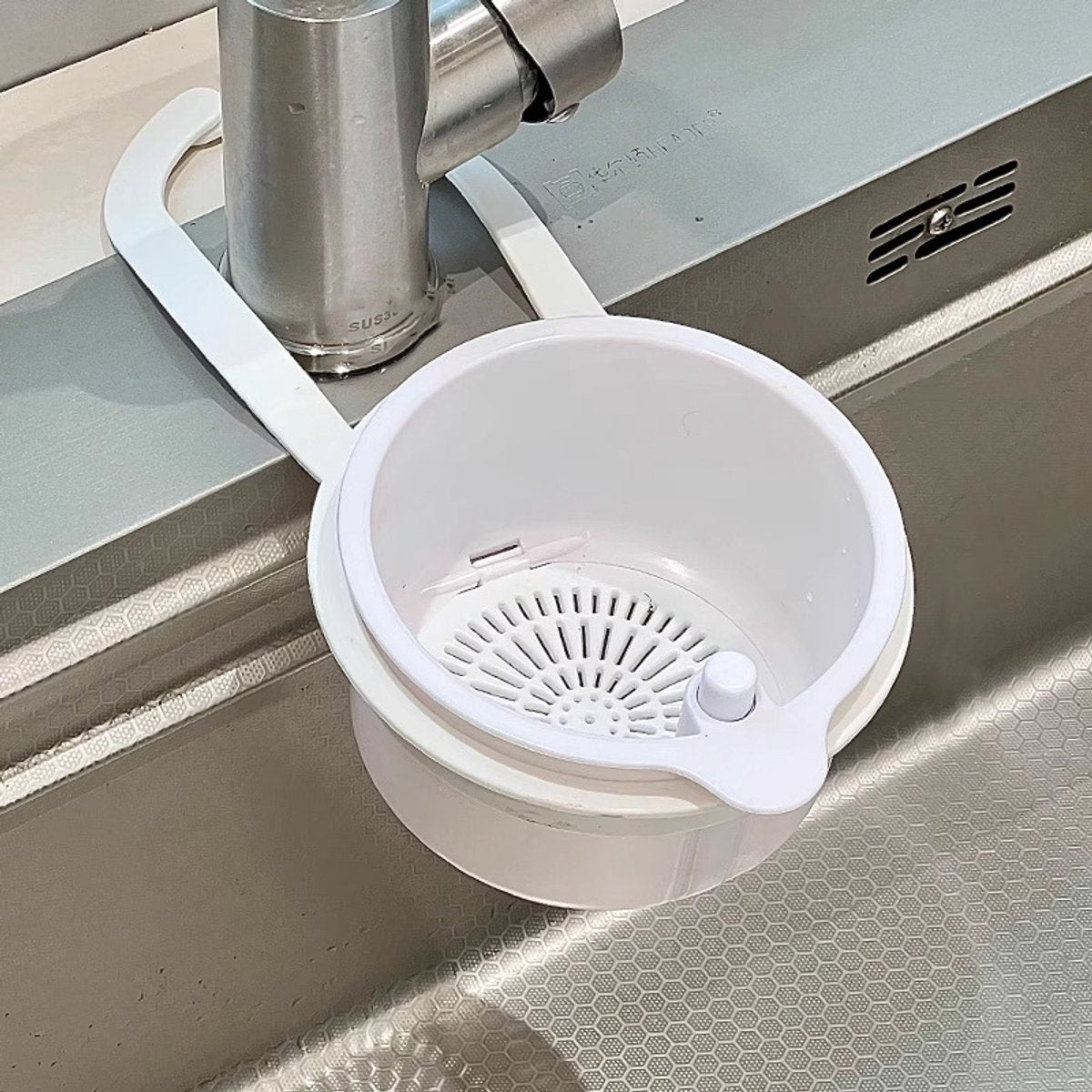 Kitchen drain strainer for the faucet - Multifunctional drain strainer for food waste - Tiltable with push mechanism - White
