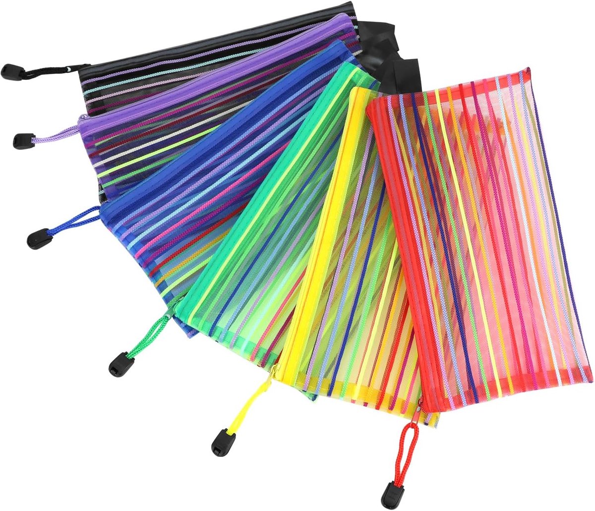 Storage Bags - Set of 6 - Pencil Case - 6 different colored mesh pockets with zipper - Nylon pencil case - 23x12 cm