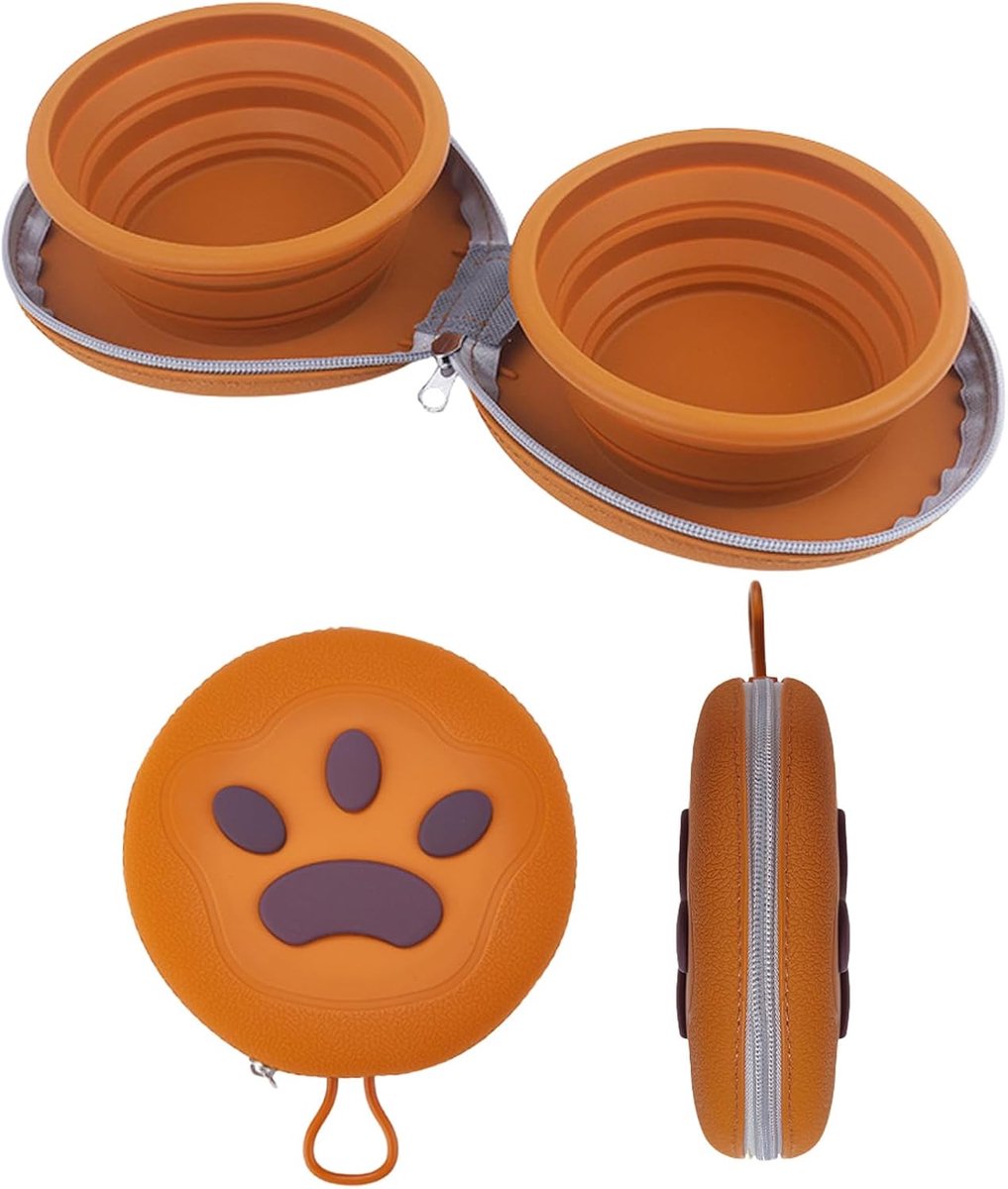 Dog Food Bowl - Foldable Dog Food Bowl - Outdoor Pet Food Bowl - 2-in-1 Dog Food Bowl - with Zippered Storage Bag and Carabiner - Suitable for Travel, Hiking, Camping and Other Activities (Brown)