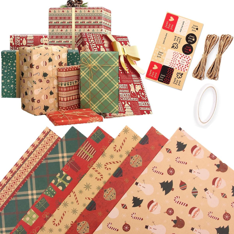 Gift Wrapping Paper - 6 sheets of kraft paper 70x50 cm - Complete set (straw, double-sided tape, stickers) - Gift wrapping paper set for birthdays, weddings and Christmas