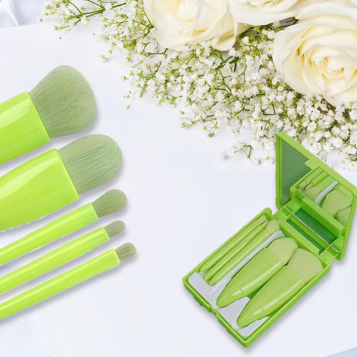 Makeup Brush Set - 5-Pack - Portable - Travel Makeup Brush Set with Mirror Case - Professional Foundation Brush, Eyeshadow Brush, and Blending Brush for Women - Green