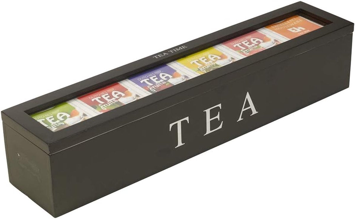 Tea Box - Tea Box 6 Compartments - Wooden Tea Box - Suitable for Loose Tea - 43 × 9 × 8.7 cm - Black