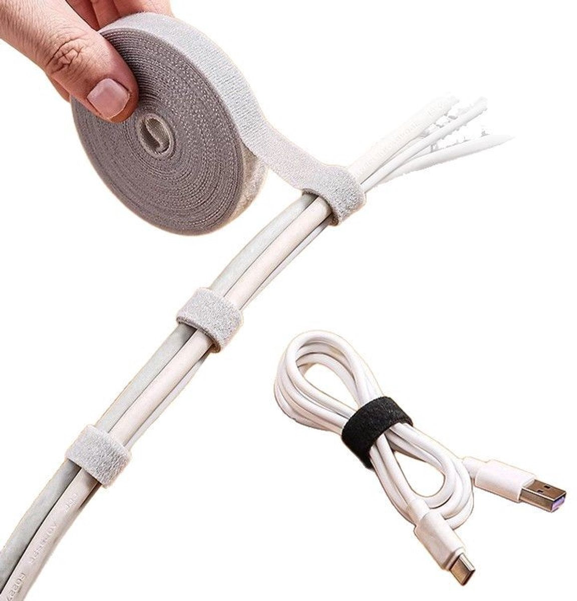 Cable Organizer with Velcro - Cable Ties for Data Cables - Reusable Straps - For storing mobile phone cables, laptop cables and chargers (Gray roll, 5 meters * 1.2 cm)
