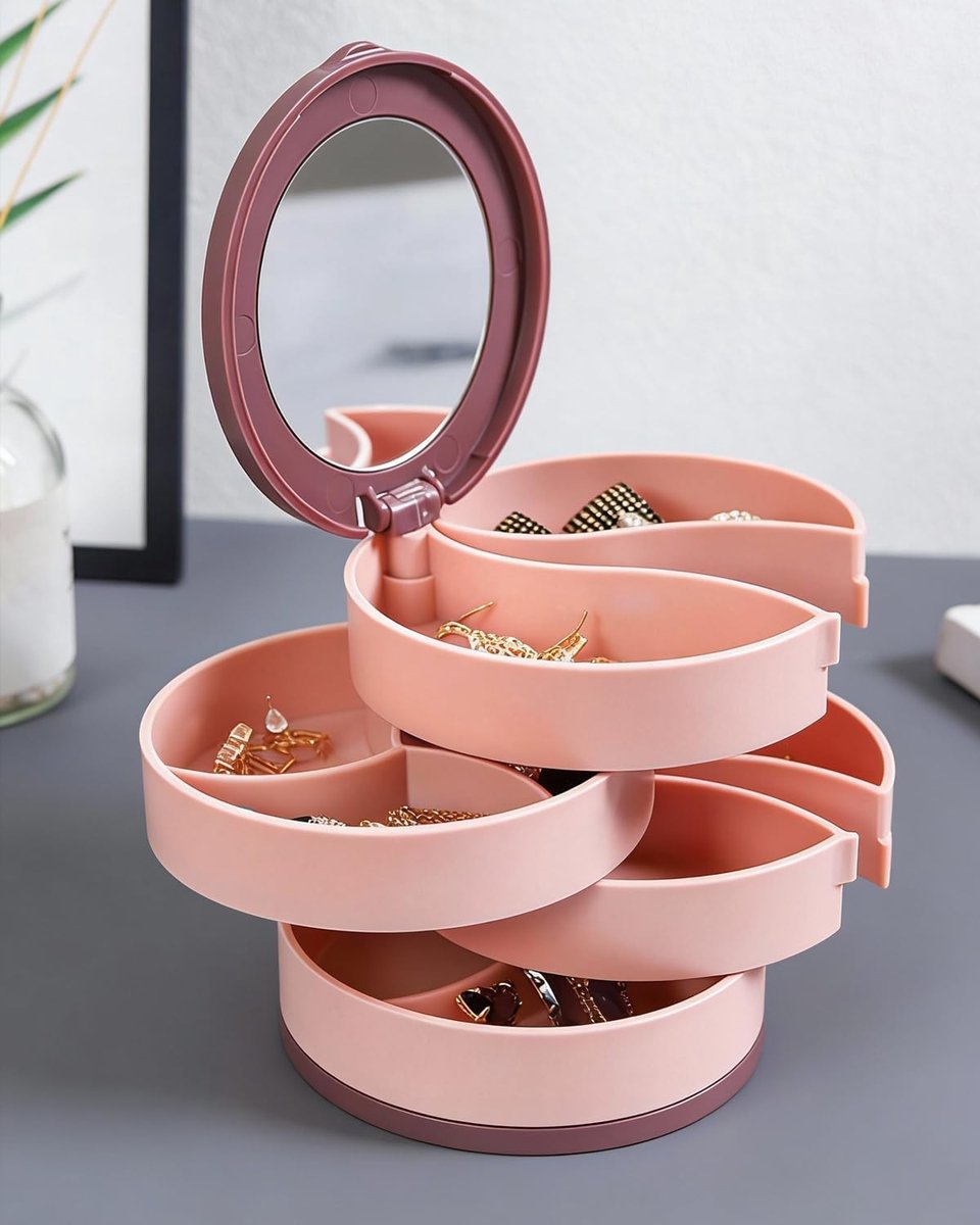 Jewelry Box - Foldable Storage Box - Rotating Jewelry Box with Multiple Layers - Elegant Storage Box for Earrings - Dust-free and Compact - Suitable for Earrings and Jewelry (Pink)
