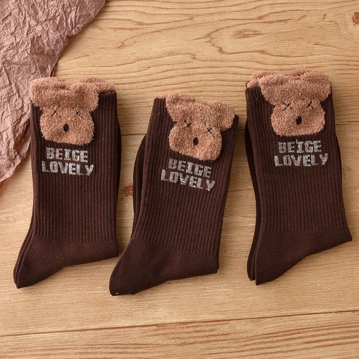 Socks 3-pack - House socks - fluffy socks - Casual socks - Indoor & Outdoor Wearable - Soft & Warm - socks men - socks women - Unisex Women - Size 36 to 42 - Dark brown bear