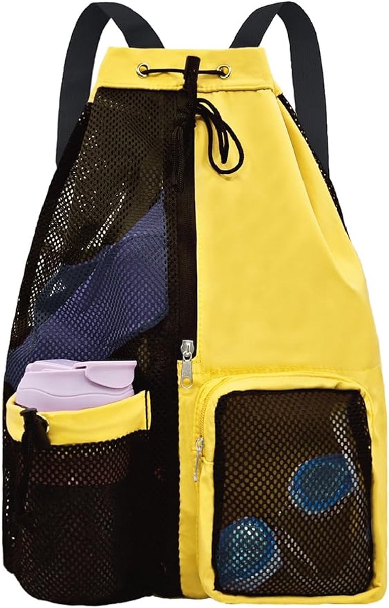 Backpack - Sports Bag - Travel Bag - Training Bag - Swimming Bag - 30*15*45cm - Mesh Material - Drawstring Design - Side Storage Space - Unisex - Suitable for Fitness, Swimming, Travel, Dancing, Camping（Yellow）