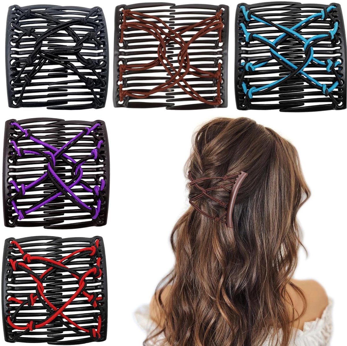 5-Pack Elastic Magic Hair Combs - Adjustable for All Hair Types - Hair Clips - For Buns, Ponytails & More - No Creases