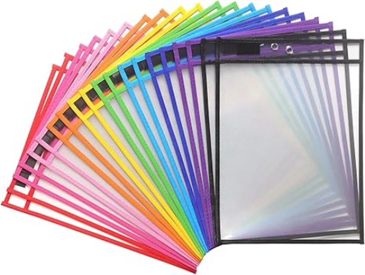 Erasable and Writable Folders - Pack of 20 | Includes 20 water-based whiteboard markers and 2 erasers - Transparent plastic folders/protective covers - Drawing and tracing bags for young children - Erasable and writable - Random colors