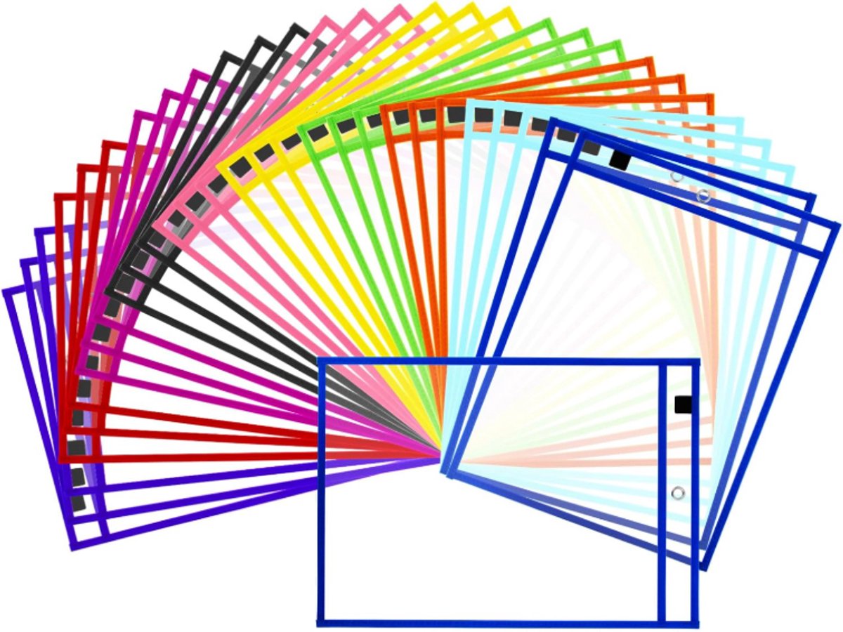 Erasable and Writable Folders - Pack of 30 | Includes 30 water-based whiteboard markers and 1 eraser - Transparent plastic folders/protective sleeves - Drawing and tracing bags for young children - Erasable and writable - Random colors