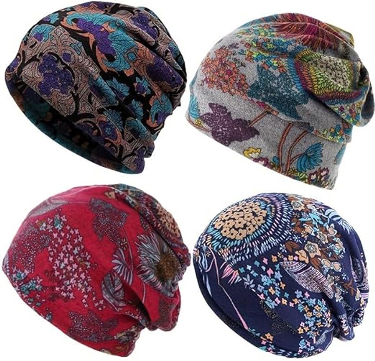 Beanie - Knitted Hat - 4-Piece Set - Bohemian Print - Soft Polyester - Suitable for Autumn and Winter