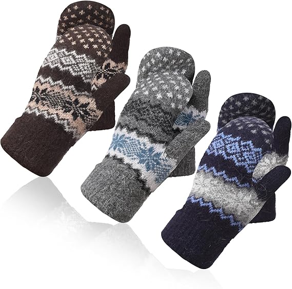 Pack of 3 pairs - Warm winter gloves for women - Extra thick - Knitted imitation - Suitable for cold winter weather (style D)