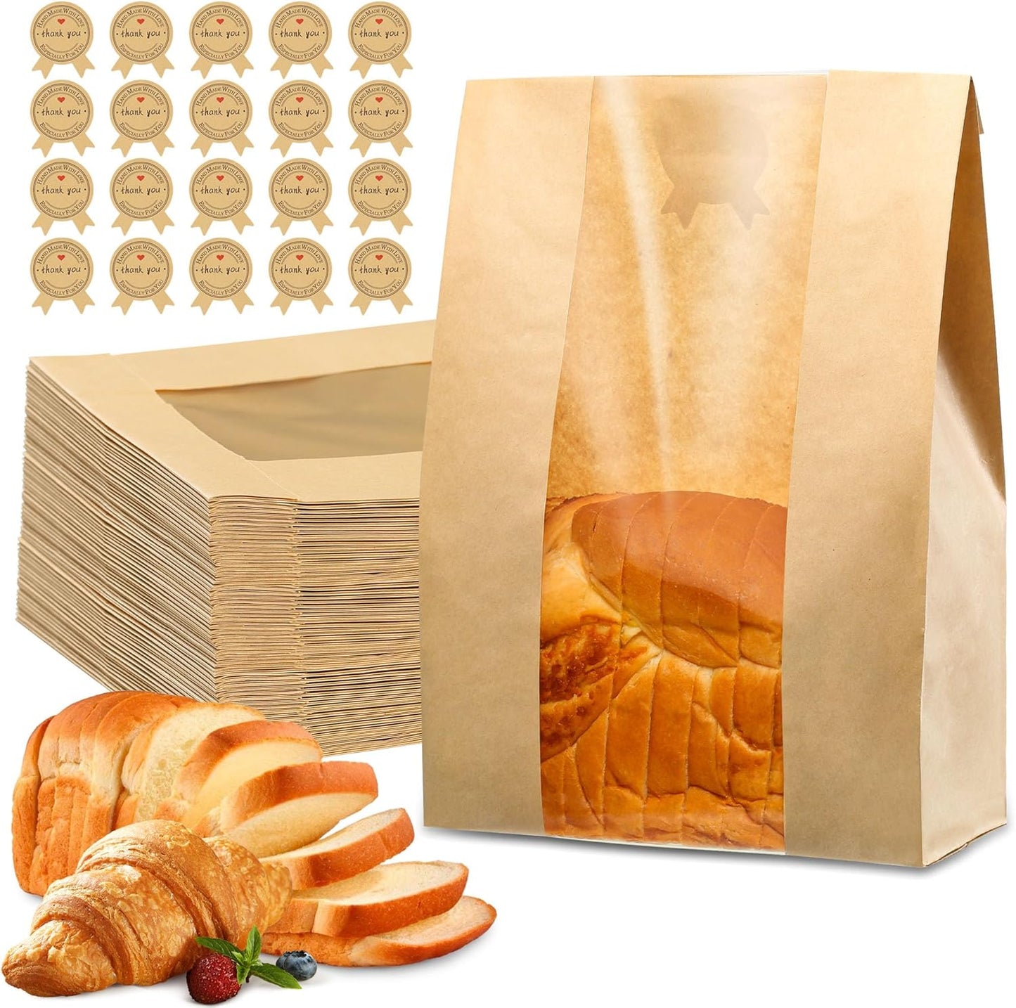 Bread Bag - Kraft paper with transparent window - 35*21*9 cm | Large baking bag - Suitable for storing bread, cookies, and snacks - Includes resealable tape