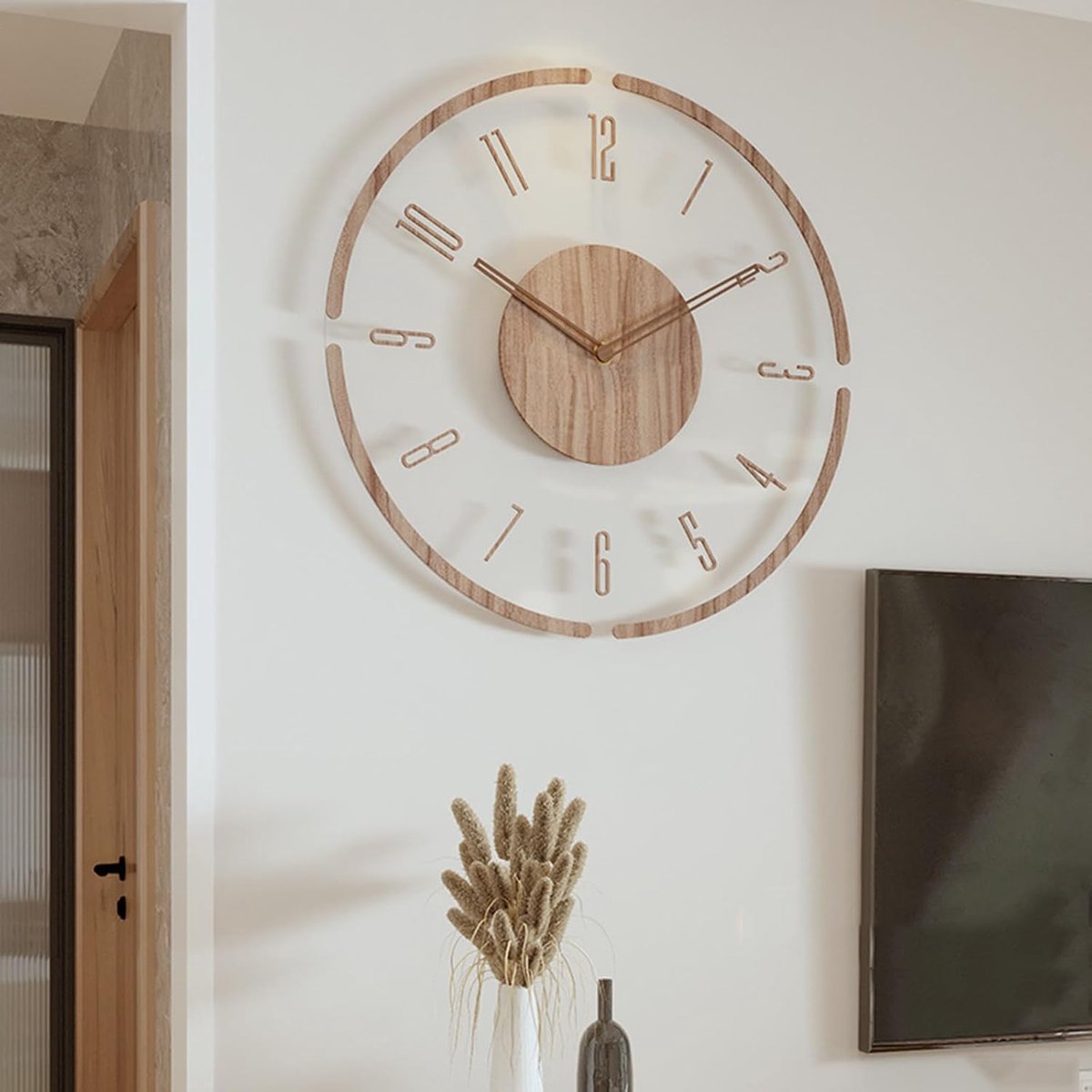 Vintage Wooden Wall Clock 30cm Round Silent Battery Operated Non-Ticking Decorative Clock for Living Room Bedroom with Transparent Acrylic
