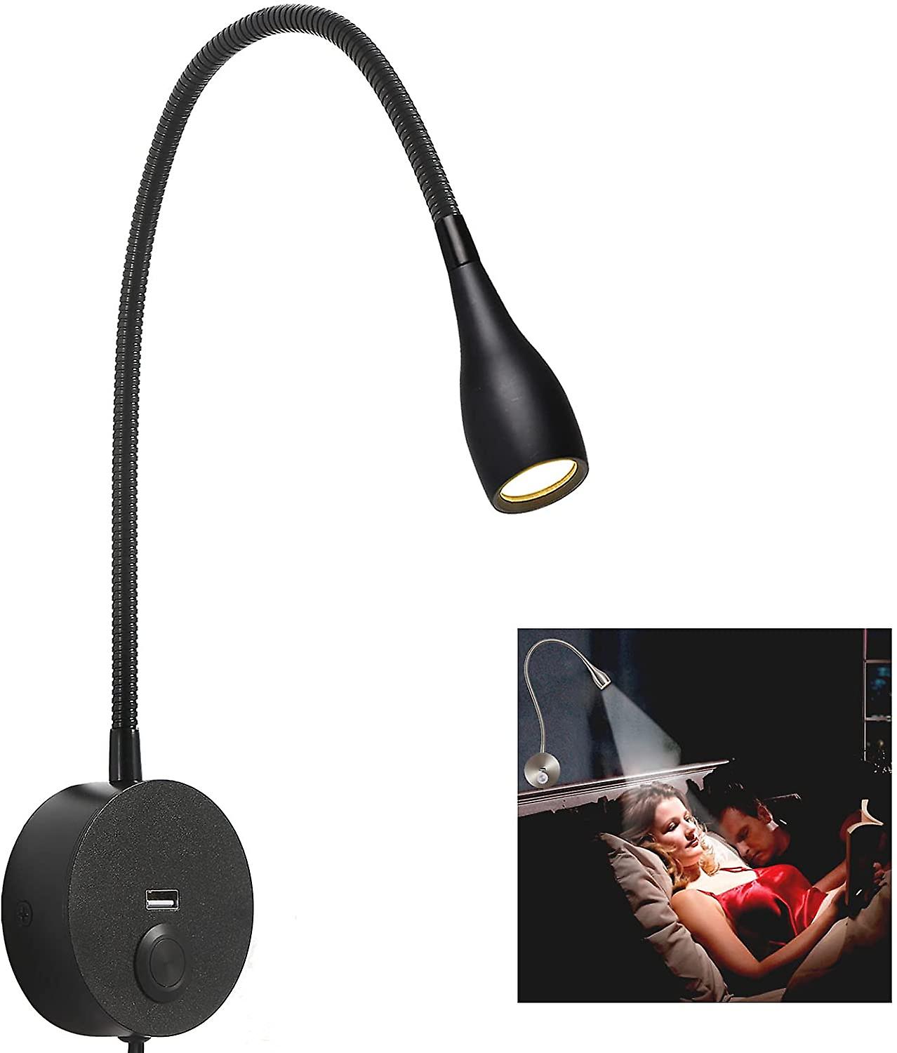 Dimmable Bedside Lamp, Minimalist LED Bedside Reading Lamp, Headboard Wall Mounted with USB Charger (Matte Black)