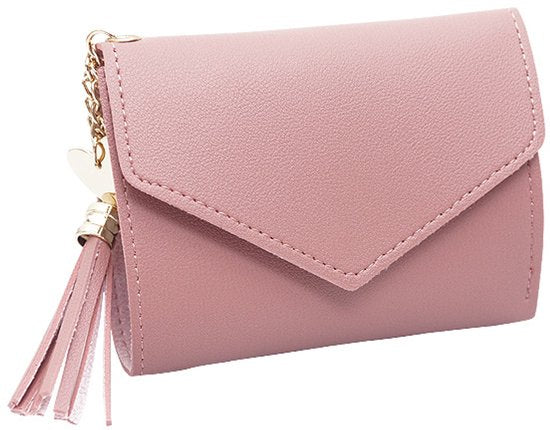 Wallet - Pink Small - Women's Leather - Leather Chain - Tassel - Pink - Multifunctional Foldable Wallet