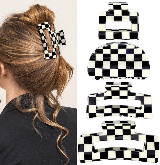 Checkered Claw Clips - Thick Hair - Fine Hair - Curly Hair - Straight Hair - Long Hair Non-Slip Clips - Simple Style Black and White Square Claw Clips - Set of 4 Hair Accessories for Women