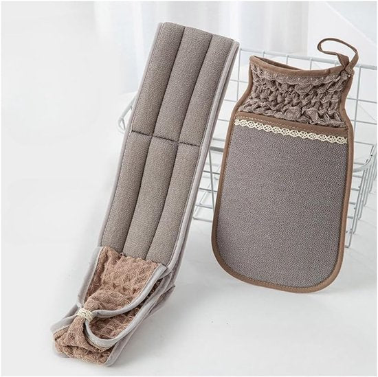 Two-Piece Bath Towel Set – Back Cleanser for Deep Skin Cleansing – Scrub Washcloth for Shower – Suitable for Men and Women (Brown)