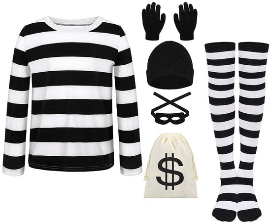 Halloween Robbery Costume Set for Adults - Complete with Shirt, Hat & Accessories - Universal Size - For Parties & Theme Parties