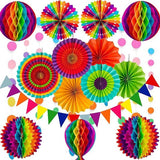 Rainbow Party Decoration Set - Complete with Paper Fans, Honeycomb Balls & Streamers - For Birthdays & Weddings
