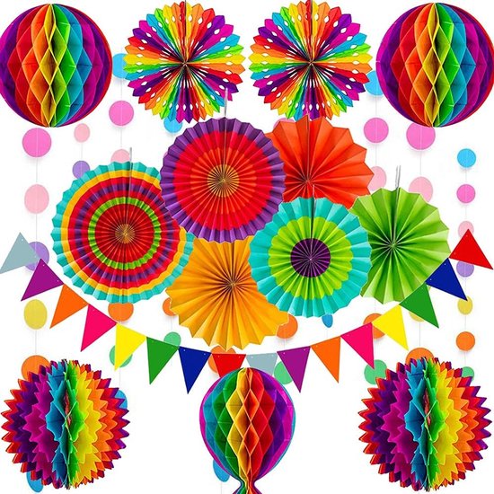 Rainbow Party Decoration Set - Complete with Paper Fans, Honeycomb Balls & Streamers - For Birthdays & Weddings