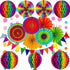 Rainbow Party Decoration Set - Complete with Paper Fans, Honeycomb Balls & Streamers - For Birthdays & Weddings