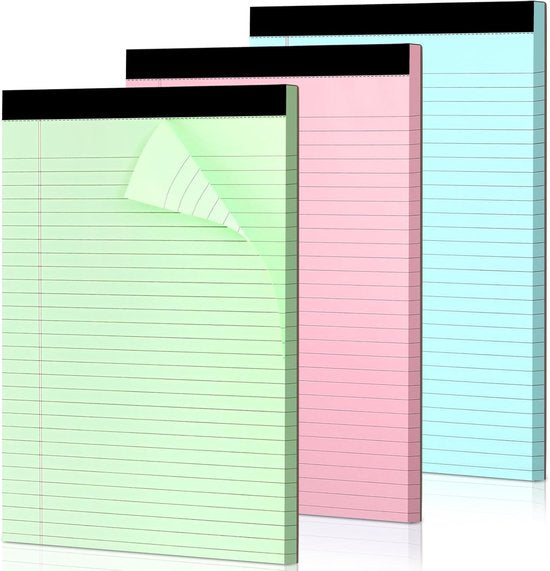 Coloured notepads, set of 3 writing pads 29.5 x 21.4 cm, with micro-perforation and sturdy back, broad lines, 50 sheets per pad, ideal for school, university, office and professional use (blue/pink/green)
