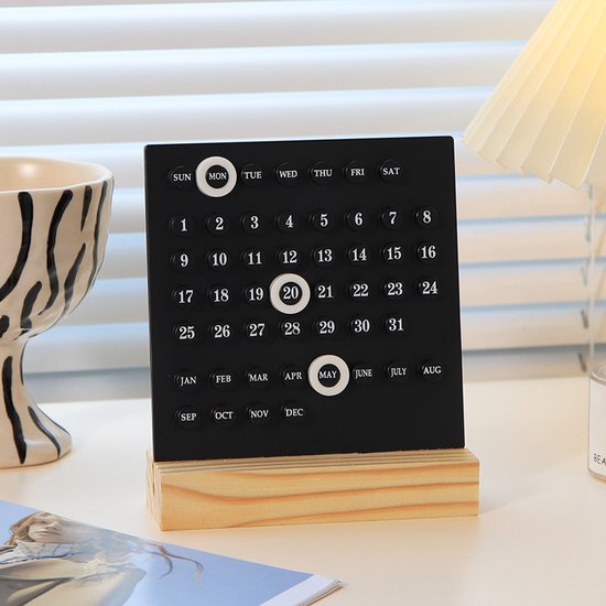 Perpetual calendar - Wooden desk calendar stand - Acrylic desk calendar - Suitable for living room, office, shop, bar - Display of week, month and day (black)