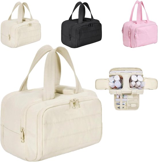 Multi-Zip Makeup Bag - Toiletry Bag - Spacious Storage, Organized Layered Design with Carry Handle - Ideal for Travel & Daily Use (Beige)