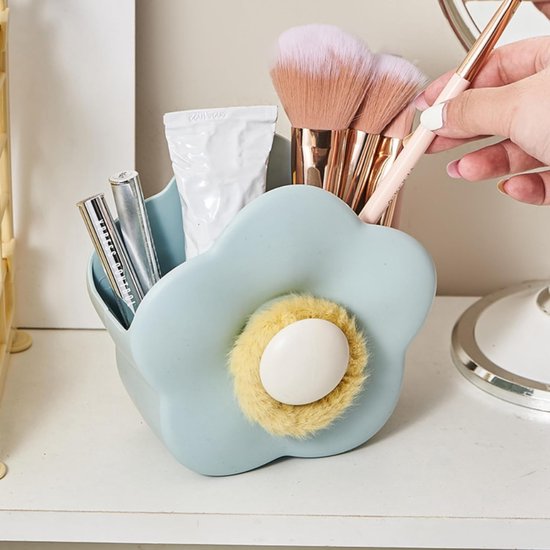 Flower-shaped Makeup Brush Holder - Multifunctional Makeup & Desk Storage Organizer - Compact Design 14.8 x 13.5 x 8 cm - Blue