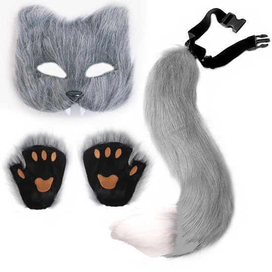 3-Piece Fox Costume Accessory Set – Fluffy Mask, Tail and Gloves – Suitable for Parties & Carnival （Grey）
