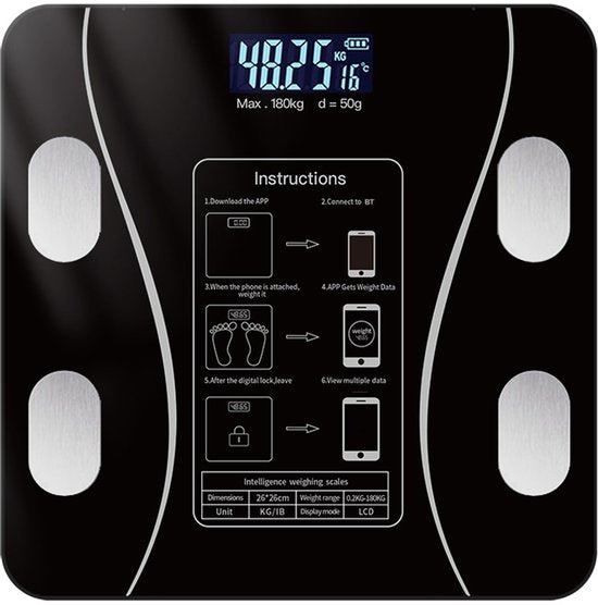 Smart Scale with Body Analysis - Measures BMI, Fat & Muscle Mass - USB Rechargeable - Up to 180 kg - Black