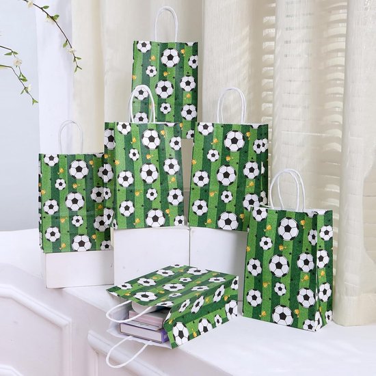 Football Party Paper Bags - Pack of 12 - Football Goodie Bags with Handles - Football Gift Bags for Football Themed Party Supplies (Green - 21*15*8cm)