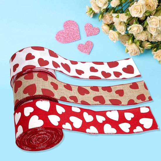 Valentine's Day Ribbons - 3 Rolls - Handmade Ribbons - Heart Pattern - Natural Texture - Suitable for wrapping flowers and party decorations （2m）