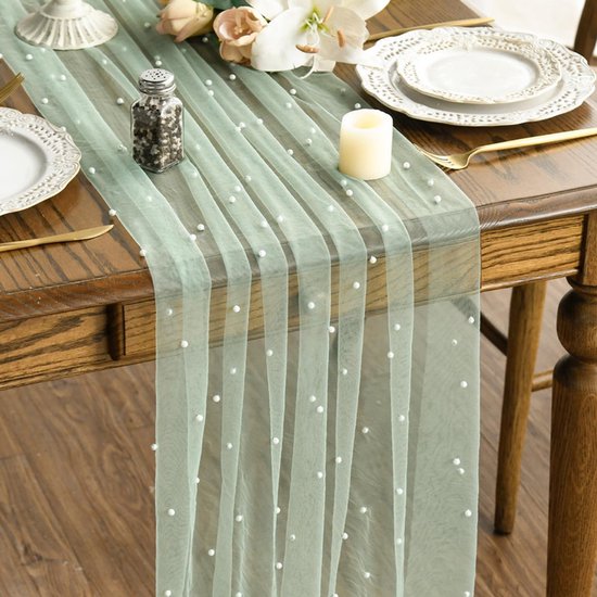Light Green Table Veil with White Pearls - Silky Gauze 30x120 Inches - For Weddings, Parties & Table Decorations