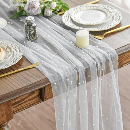 White Table Veil with White Pearls - Silky Gauze 30x120 Inches - For Weddings, Parties & Table Decorations