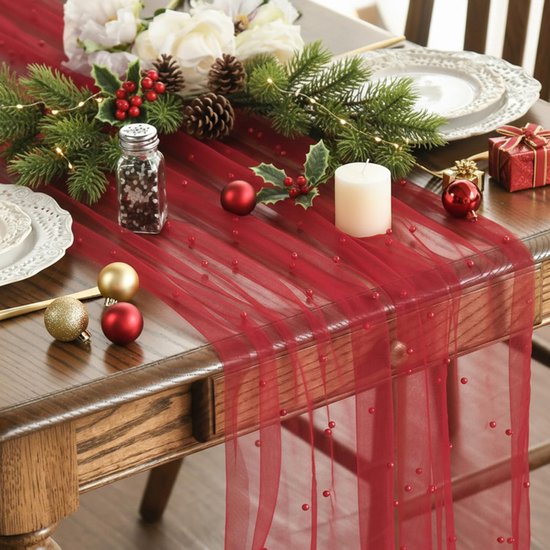 Red Table Veil with White Pearls - Silky Gauze 30x120 Inches - For Weddings, Parties & Table Decorations