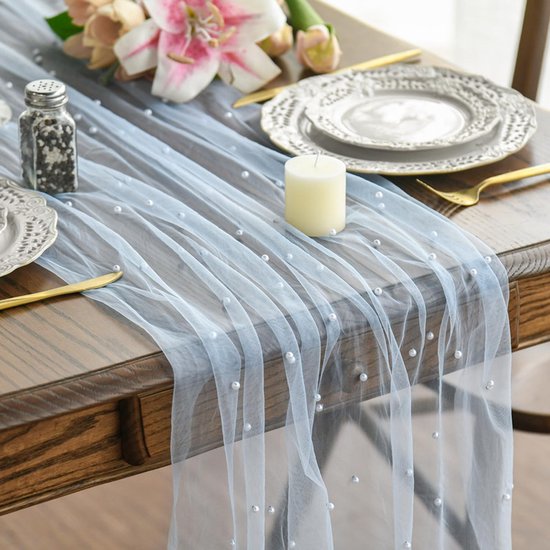 Light Blue Table Veil with White Pearls - Silky Gauze 30x120 Inches - For Weddings, Parties & Table Decorations